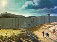 This politically-charged image made the rounds two years ago featuring what appears to be the New Testament's Joseph and Mary blocked from reaching Bethlehem (the Palestinian city purported to be the site of Jesus' birth) by the Israeli West Bank barrier. It’s attributed to the artist, and known as “Banksy’s Christmas card”.