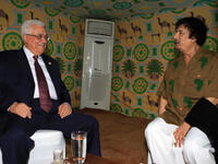Mahmoud Abbas meets with Gaddafi (R) inside Gaddafi's personal tent in Sharm el-Sheikh, Egypt.  He has been associated with Pan Arabism, Pan Islamism and African Union.