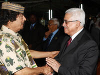 Palestinian President Mahmoud Abbas (R) greets Libyan leader Muammar Gaddafi on August 31, 2009 in Tripoli, Libya.  Libya is set for a week-long celebration to mark the 40-year anniversary of Muammar al-Gaddafi&amp;#039;s rise to power.