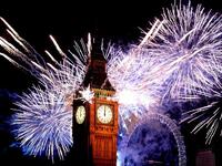 Fireworks light up the London skyline and Big Ben just after midnight in London, England. Thousands of people lined the banks of the River Thames in central London to see in the New Year with a spectacular fireworks display.