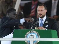 Haakon, The Crown Prince of Norway, gets ready to speaks during the ceremony in the capital Juba.