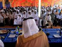 Qatari Minister of State for Foreign Affairs Ahmed bin Abdullah al-Mahmud, whose country has been hosting for months peace talks between the Khartoum government and Darfur rebel groups, gives a speech in Geneina.