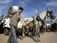 Palestinians receive food aid from the United Nations Relief Works Agency (UNRWA) in the al-Shati camp, Gaza (Getty)