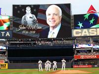 Senator John McCain is remembered during a moment of silence before the start of a baseball game between the Chicago White Sox and the New York Yankees at Yankee Stadium on August 27, 2018 in the Bronx borough of New York City. (AFP)