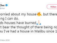 المغنية شير: كتبت على "تويتر": "حريق الغابات اقترب من المنزل، ولكنني لم أكن فيه.. منازل الأصدقاء احترقت، لا أحتمل فكرة ألا تكون هناك ماليبو".
