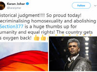 كاران جوهر: "حكم تاريخي !!! أنا فخور اليوم ! إلغاء تجريم الشذوذ الجنسي القسم 377 هو قرار ممتاز للإنسانية والمساواة في الحقوق! البلد يتنفس الأوكسجين مرة أخرى".