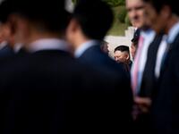 US President Donald Trump and North Korea's leader Kim Jong-un speak near the line of demarcation after meeting in the Demilitarized Zone(DMZ) on June 30, 2019.  Brendan Smialowski / AFP