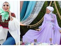 مصممة الأزياء الأردنية روان بسومي بفستان يبرز حملها من تصميمها 