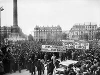 Members of the Central Committee of the French Communist Party and of General Workers' Confederation parade during the May Day protests, on May 01, 1945 on the Place de la Bastille in Paris.  AFP