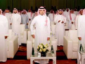 General Sports Authority President Prince Abdul Aziz bin Turki Al-Faisal, center, with officials of the Kingdom’s sports clubs during a press conference on Saturday. (Photo: Huda Bashatah)