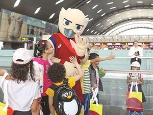 Falah the Falcon, the official mascot of the IAAF World Athletics Championships Doha 2019, with kids at HIA (Photo: Gulf Times)