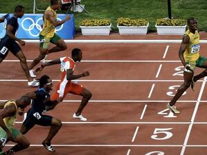 In the picture, Bolt, who holds the record of 9.58 seconds at the World Championships in Berlin in 2009, is seen at the finish line
