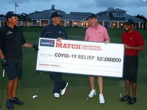 Tiger Woods and Phil Mickelson and NFL quarterback legends Peyton Manning and Tom Brady took part in a made-for-television charity golf event. (Photo: Twitter)