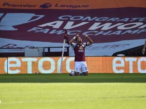 Egyptian midfielder Mahmoud Trezeguet celebrates scoring his team’s second goal during the English Premier League football match between Aston Villa and Crystal Palace on July 12, 2020. (Photo: Arab News)
