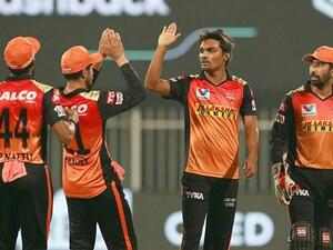 Sandeep Sharma celebrates the dismissal of Devdutt Padikkal with his teammates during the IPL match against Royal Challengers Bangalore. (Photo: IPL)