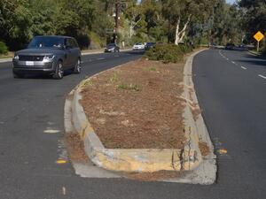 The median on Hawthorne Blvd. that golf legend Tiger Woods crossed before rolling his car in Rolling Hills Estates as seen on Wednesday. (Photo: Jim Ruymen/UPI)