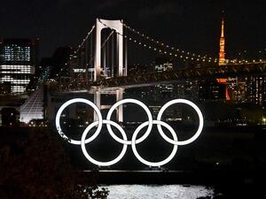 The Olympic rings are seen at Odaiba Marine Park in Tokyo on March 27. The Tokyo Olympics organizing committee said international spectators won't be allowed to attend this summer's Games. (Photo: Keizo Mori/UPI)