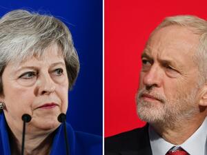 Prime Minister Theresa May (L) giving a press conference and Britain's opposition Labour Party leader Jeremy Corbyn listening to speeches on the second day of the Labour Party Conference in Liverpool. (PHILIPPE LOPEZ, PAUL ELLIS / AFP)