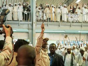 Sudanese General Mohamed Hamdan Dagalo, also known as Himediti, deputy head of Sudan's ruling Transitional Military Council (TMC) and commander of the Rapid Support Forces (RSF) paramilitaries, is pictured during a meeting with his supporters in the capital Khartoum on June 18, 2019.  (Yasuyoshi CHIBA / AFP)