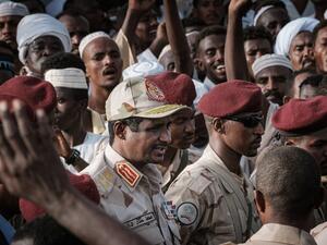 Mohamed Hamdan Dagalo, known as Himediti, deputy head of Sudan's ruling Transitional Military Council (TMC) and commander of the Rapid Support Forces (RSF) paramilitaries, arrives to give a speech during a rally in the village of Abraq, about 60 kilometers northwest of Khartoum, on June 22, 2019. (Yasuyoshi CHIBA / AFP)