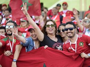 Morocco supporters cheer ahead of the 2019 Africa Cup of Nations (CAN) football match between Morocco and Namibia at the Al Salam Stadium in Cairo on June 23, 2019.  (JAVIER SORIANO / AFP)