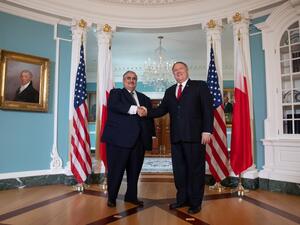 US Secretary of State Mike Pompeo (R) shakes hands with Bahraini Foreign Minister Khalid bin Ahmed Al Khalifa (L) prior to meetings at the State Department in Washington, DC, July 17, 2019.  SAUL LOEB / AFP