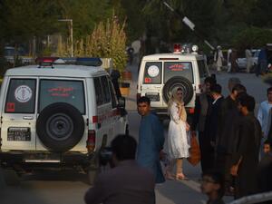 Ambulances bring wounded civilians to the Wazir Akbar Khan hospital following an attack in Kabul on July 28, 2019. At least one person was killed and 13 others wounded in an attack July 28 targeting the Kabul office of the running mate of Afghan President Ashraf Ghani, officials said. WAKIL KOHSAR / AFP