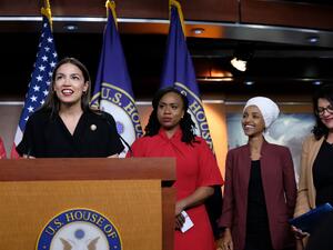 U.S. Rep. Alexandria Ocasio-Cortez (D-NY) speaks as Reps. Ayanna Pressley (D-MA), Ilhan Omar (D-MN), and Rashida Tlaib (D-MI) listen during a press conference at the U.S. Capitol on July 15, 2019 in Washington. (AFP/ File Photo)