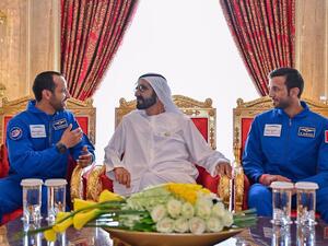 HRH Sheikh Zayed With Hazza Al Mansoori and Sultan Al Neyadi, the Arab world’s first astronauts to the International Space Station. (Twitter/@HHShkMohd)