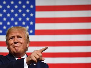 US President Donald Trump speaks during a "Keep America Great" campaign rally at the SNHU Arena in Manchester, New Hampshire, on August 15, 2019. (Nicholas Kamm / AFP)