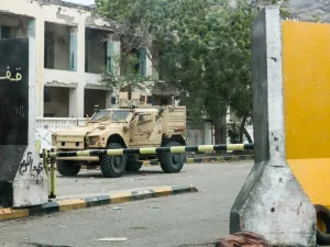This picture taken on August 17, 2019 shows an armoured vehicle belonging to forces of the Saudi-led international coalition supporting Yemen's internationally recognised government. (AFP/ File Photo)