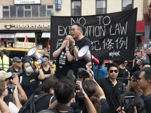 Hong Kong Civic Party leader Alvin Yeung delivers a speech in Confucius Plaza on August 17, 2019 in New York in support of protesters in Hong Kong. (AFP/ File Photo)