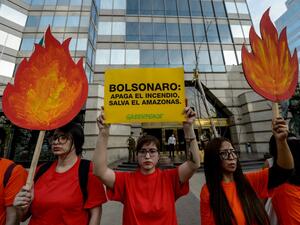 Activists demonstrate during a protest against the government of Brazil's President Jair Bolsonaro over the fires in the Amazon rainforest in front of Brazil's Embassy in Santiago on August 23, 2019. (AFP/ File Photo)