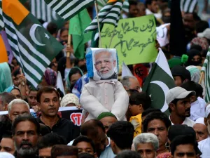 Demonstrators carry an effigy of Indian Prime Minister Narendra Modi during an anti-India protest rally in Karachi on August 25, 2019, in solidarity with India-administered Kashmiri. (AFP/ File Photo)