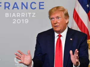 US President Donald Trump reacts during his a bilateral meeting with Egyptian President and Chairman of the African Union Abdel Fattah al-Sissi in Biarritz. (AFP/ File Photo)
