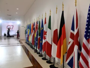 A picture shows various flags in Biarritz, south-west France on August 26, 2019, on the third day of the annual G7 Summit attended by the leaders of the world's seven richest democracies, Britain, Canada, France, Germany, Italy, Japan and the United States.  Bertrand GUAY / AFP