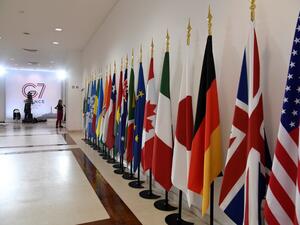 A picture shows various flags in Biarritz, south-west France on August 26, 2019, on the third day of the annual G7 Summit attended by the leaders of the world's seven richest democracies, Britain, Canada, France, Germany, Italy, Japan and the United States.  Bertrand GUAY / AFP