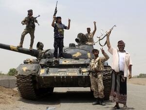 Fighters of the UAE-trained Security Belt Force, dominated by members of the Southern Transitional Council (STC) which seeks independence for south Yemen, are pictured on the outskirts of the Abyan province in southern Yemen on August 29, 2019. (AFP)
