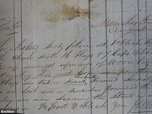 This torn scrap of paper contains the first panicked description of the deaths during the Peterloo Massacre. (National Archives)