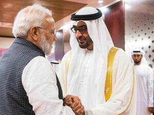 Mohamed bin Zayed and Narendra Modi, share a handshake. (AFP/ File Photo)