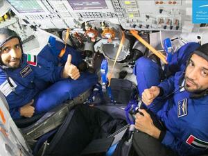 Hazza Al Mansouri and Sultan Al Neyadi undergo simulation training in the Russian Soyuz spacecraft that will take them to the International Space Station next year. (Courtesy Mohammed bin Rashid Space Centre)