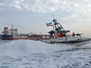 Iranian Revolutionary Guards patrol around the British-flagged tanker Stena Impero as it's anchored off the Iranian port city of Bandar Abbas (AFP)