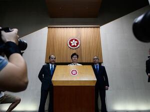 Hong Kong Chief Executive Carrie Lam (C) speaks at a press conference in Hong Kong on September 5, 2019, a day after she announced the withdrawal of a loathed extradition bill. (AFP/ File Photo)