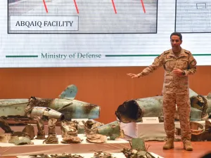 Saudi defence ministry spokesman Colonel Turki bin Saleh al-Malki displays pieces of what he said were Iranian cruise missiles and drones recovered from the attack site that targeted Saudi Aramco's facilities, during a press conference in Riyadh on September 18, 2019. (AFP/ File Photo)
