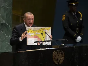 Turkey's President Recep Tayyip Erdogan holds up a map as he speaks during the 74th Session of the United Nations General Assembly at UN Headquarters in New York, September 24, 2019. (Don Emmert / AFP)