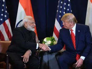 US President Donald Trump and Indian Prime Minister Narendra Modi hold a meeting at UN Headquarters in New York, September 24, 2019, on the sidelines of the United Nations General Assembly. (SAUL LOEB / AFP)