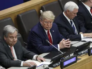 (L-R) United Nations (U.N.) Secretary General Antonio Guterres, U.S. President Donald Trump and Vice President Mike Pence attend a meeting on religious freedom at U.N. headquarters on September 23, 2019 in New York City. While hundreds of world leaders gather for the climate summit during the UN General Assembly, President Trump chose to skip the event in favor of his own meeting on religious freedom and persecution. Drew Angerer/Getty Images/AFP Drew Angerer / GETTY IMAGES NORTH AMERICA / AFP