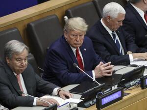 (L-R) United Nations (U.N.) Secretary General Antonio Guterres, U.S. President Donald Trump and Vice President Mike Pence attend a meeting on religious freedom at U.N. headquarters on September 23, 2019 in New York City. While hundreds of world leaders gather for the climate summit during the UN General Assembly, President Trump chose to skip the event in favor of his own meeting on religious freedom and persecution. Drew Angerer/Getty Images/AFP Drew Angerer / GETTY IMAGES NORTH AMERICA / AFP
