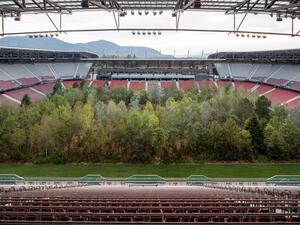 Swiss curator Klaus Littmann installed an entire forest, basically, into the home stadium of Austrian side Austria Klagenfurt (Twitter)