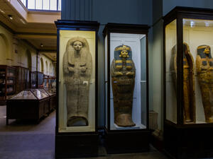 Ancient Egyptian sarcophagi and mummy caskets displayed in the Museum of Egyptian Antiquities. (Shutterstock/ File Photo)